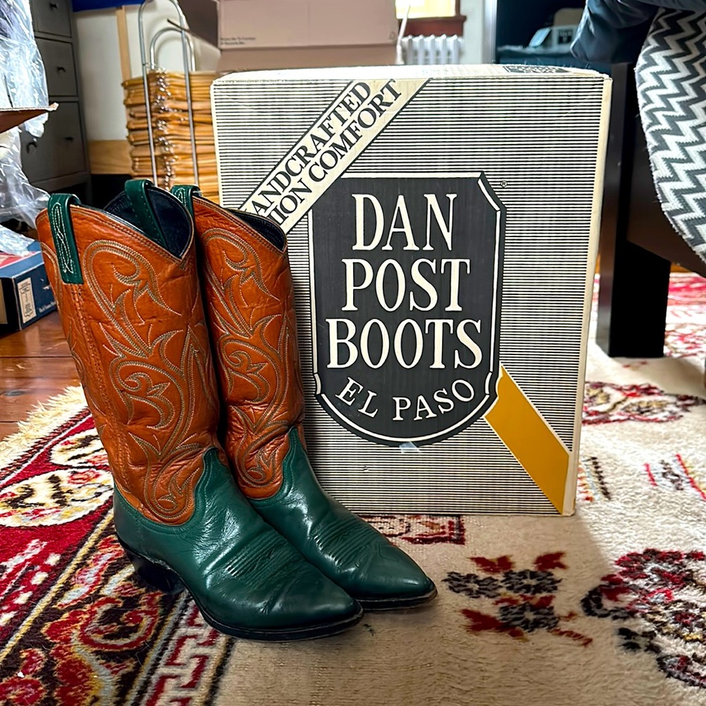 Vintage 1980s Dan Post Western Boots Green and Chestnut Brown Size 5.5